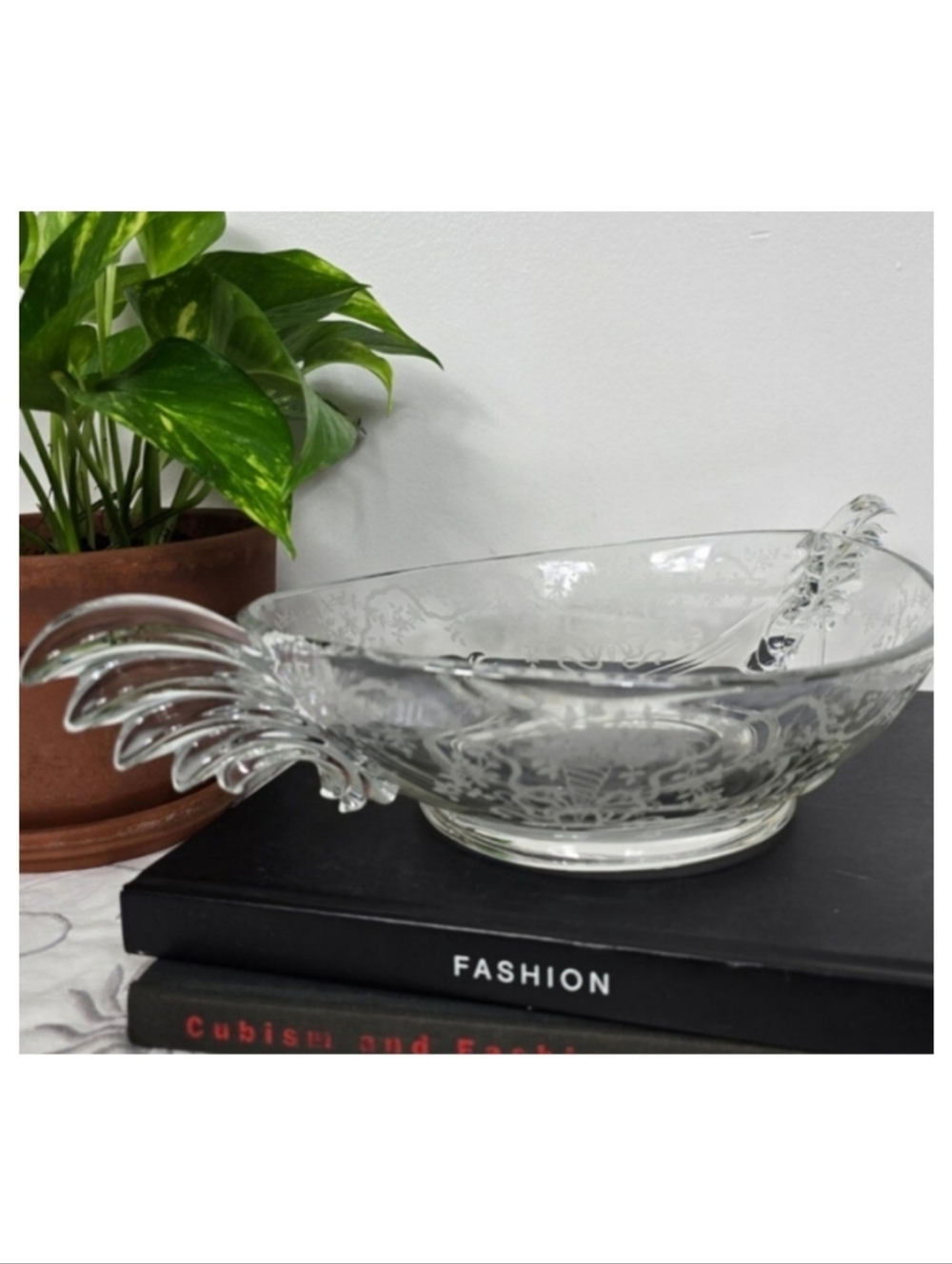 Vintage Fostoria Corsage Clear Etched Glass Handled Large Bowl